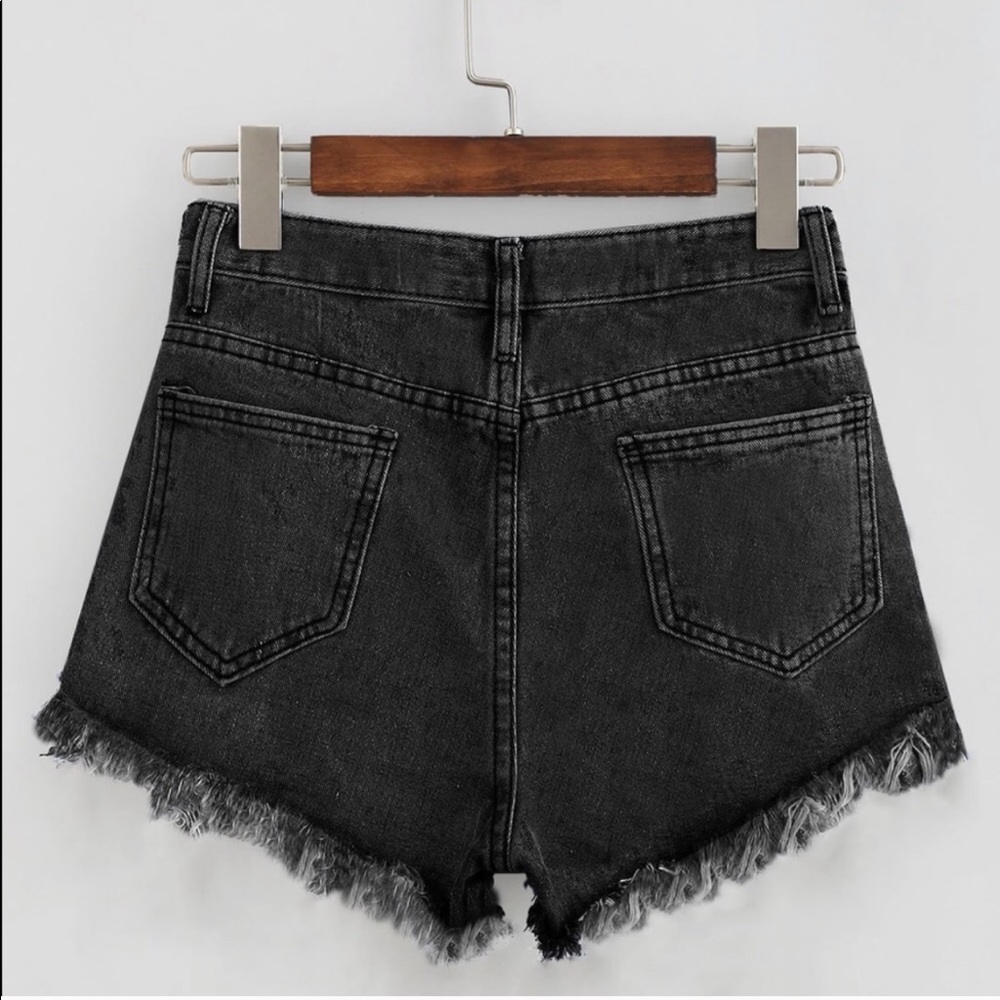 black distressed denim shorts rip high waist boho - Picture 2 of 4